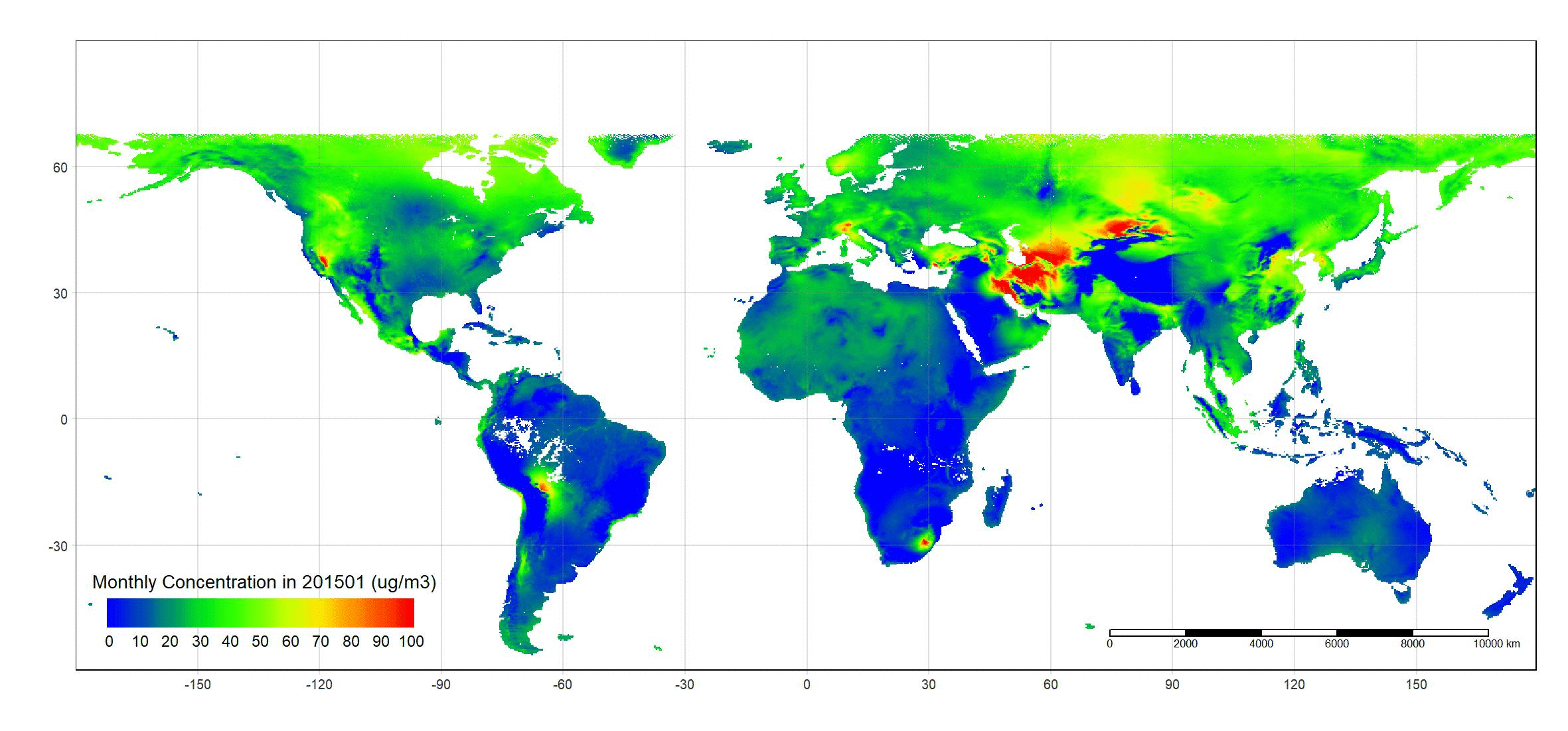 GISによるNO2の時系列の世界地図